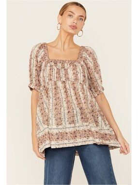 Free People Vintage Lover Blouse Striped Floral Babydoll Puff Sleeve Small Boho